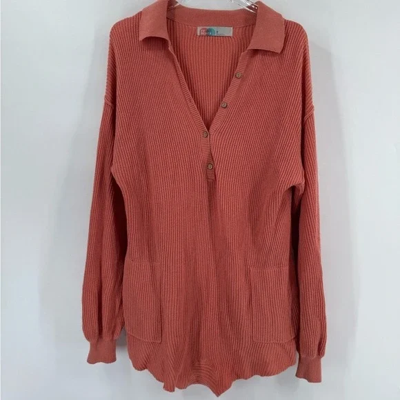 Free People Picnic Romper Ribbed Knit Collared Linen Cotton Salmon Playsuit xs - Picture 2 of 8